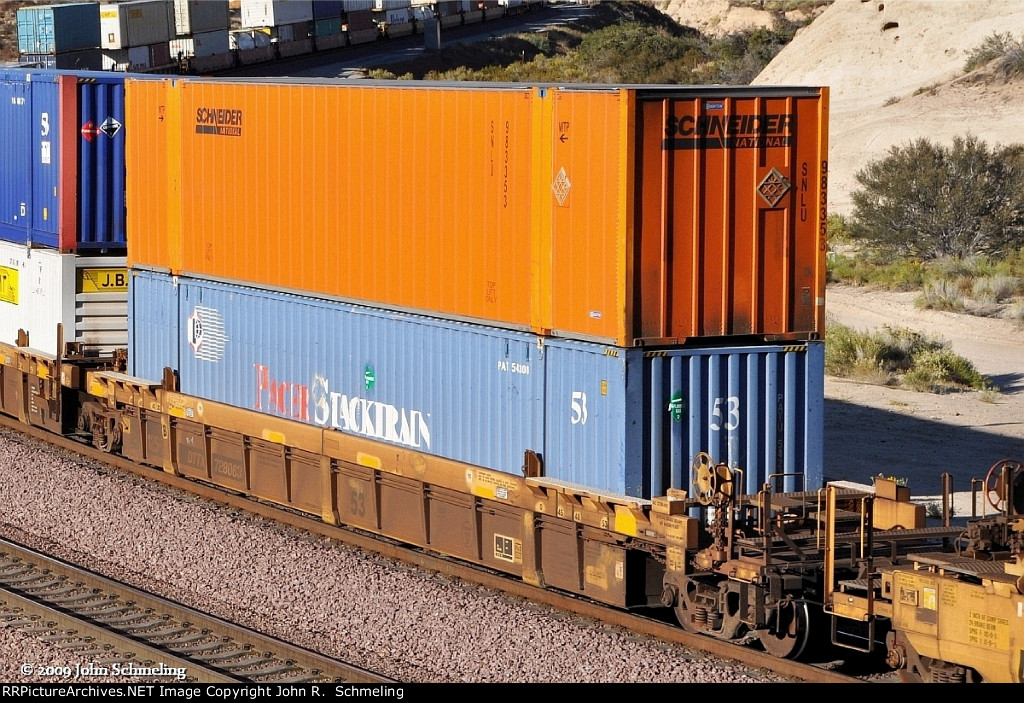 DTTX 728063-B with Schneider and Pacer Stack Train containers at Cajon CA. 10/31/2009